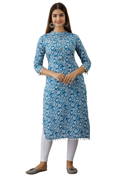 Women's Pure Cotton Printed Calf Length Straight Kurta KR049SKYBLUE