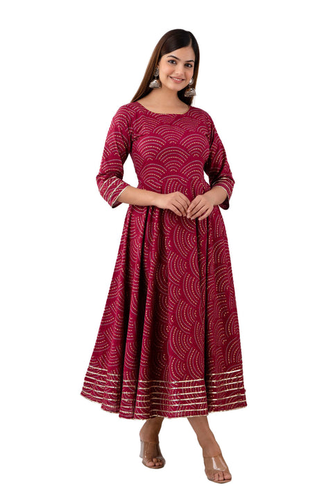 Women's Pure Cotton Printed Ankle Length Full Flared Traditional Kurta KR0131PINK