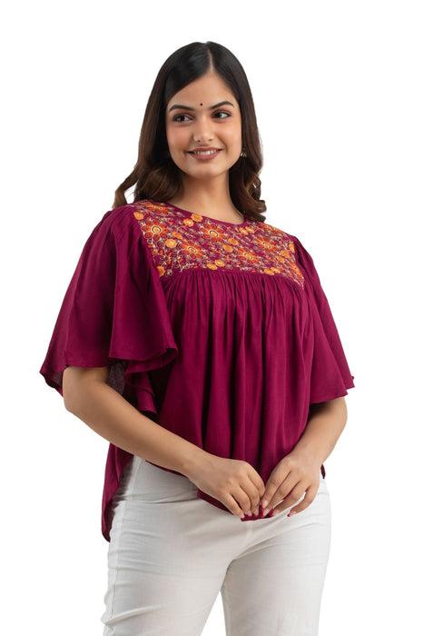 Women's Rayon embroidered Hip Length Formal Tops KRT019WINE