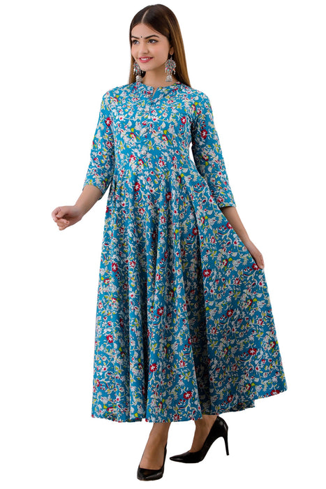 Women's Pure Cotton Printed Ankle Length Flared Traditional Kurta KR076BLUE