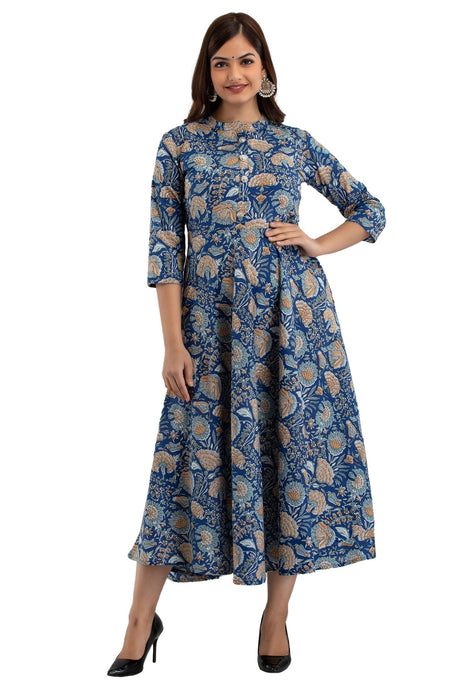 Women's Pure Cotton Printed Ankle Length Flared Traditional Kurta KR0109BLUE