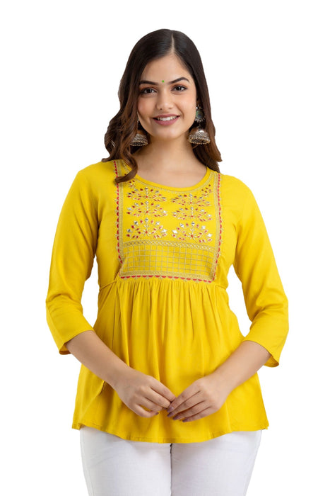 Women's Rayon embroidered Hip Length Formal Tops KRT021MUSTARD