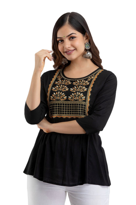 Women's Rayon embroidered Hip Length Formal Tops KRT021BLACK