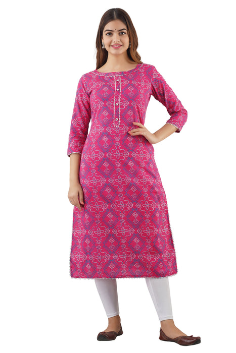 Women's 100% Pure Cotton Printed Calf Length Straight Kurta KR051PINK