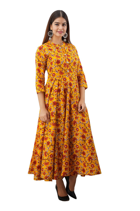 Women's Pure Cotton Printed Ankle Length Flared Traditional Kurta KR018MUSTARD