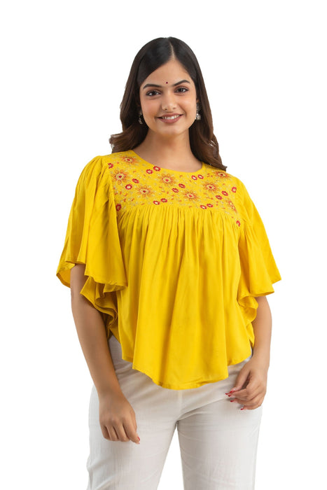 Women's Rayon embroidered Hip Length Formal Tops KRT019MUSTARD