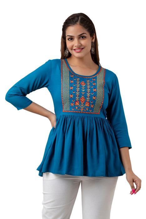 Women's Rayon embroidered Hip Length Formal Tops KRT036BLUE