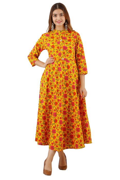 Women's Pure Cotton Printed Ankle Length Flared Traditional Kurta KR025MUSTARD