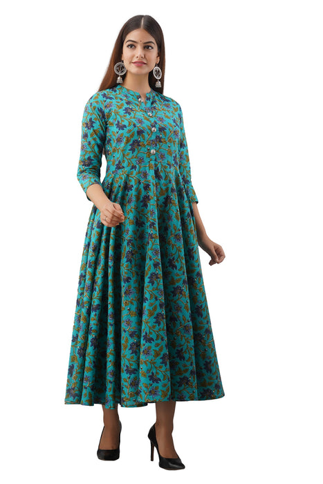 Women's Pure Cotton Printed Ankle Length Flared Traditional Kurta KR018TURQUOISE