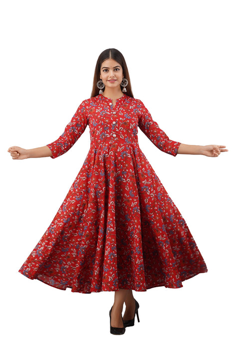 Women's Pure Cotton Printed Ankle Length Flared Traditional Kurta KR018RED