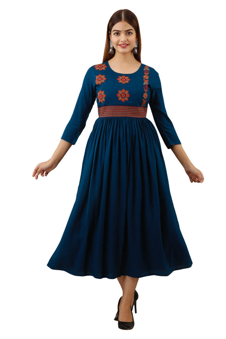 Women's Solid Dyed Rayon Designer Embroidered A-Line Kurta - KR009BLUE