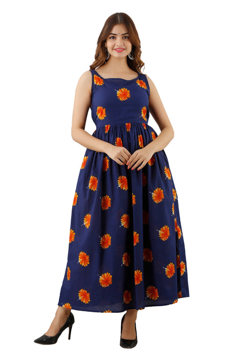 Women's Pure Cotton Printed Ankle Length Flared Traditional Kurta KR088BLUE