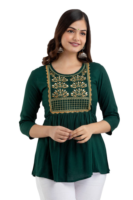 Women's Rayon embroidered Hip Length Formal Tops KRT021GREEN