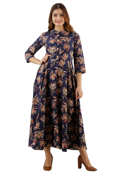 Women's Pure Cotton Printed Ankle Length Flared Traditional Kurta  KR028BLUE