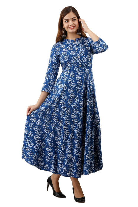 Women's Pure Cotton Printed Ankle Length Flared Traditional Kurta KR094BLUE