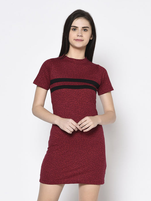 Maroon Floral With Contrast Tape Detail Bodycon Dress