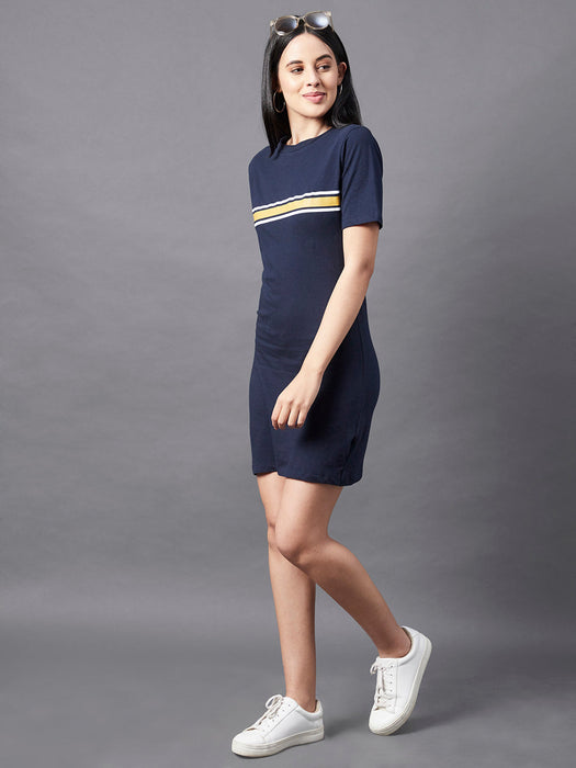 Navy Printed Short Sleeve Bodycon Dress