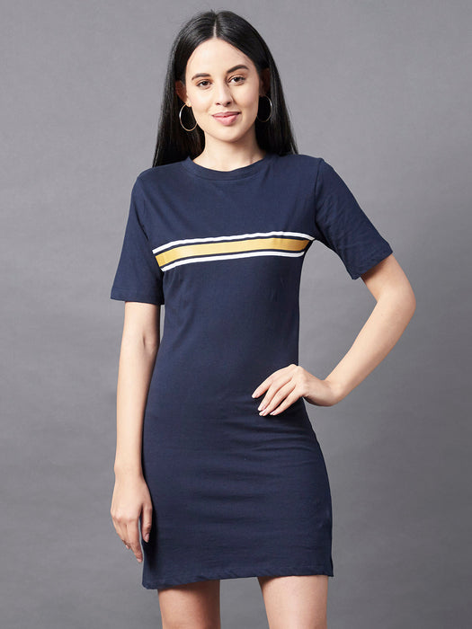 Navy Printed Short Sleeve Bodycon Dress