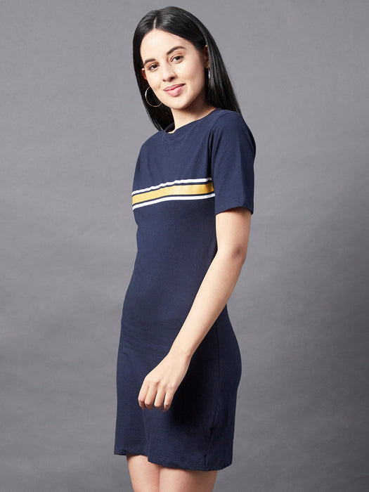 Navy Printed Short Sleeve Bodycon Dress