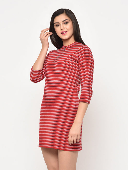 Red Self Design Stripe Bodycon Dress For Women