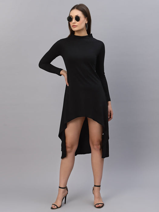 Black High-Low Full Sleeve Round Neck Dress