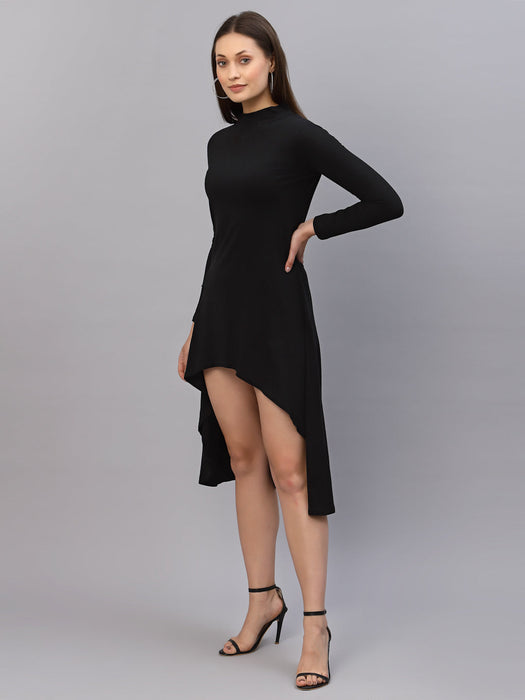 Black High-Low Full Sleeve Round Neck Dress