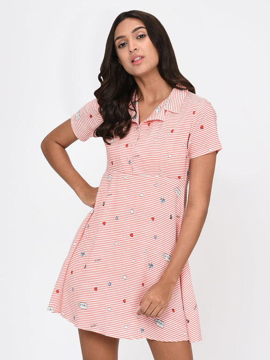 Red Stripe Quirky Motif Print Dress for Women