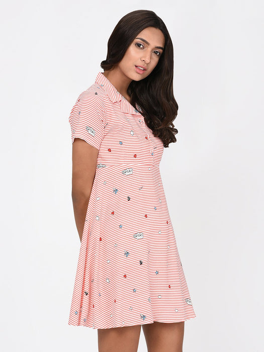 Red Stripe Quirky Motif Print Dress for Women