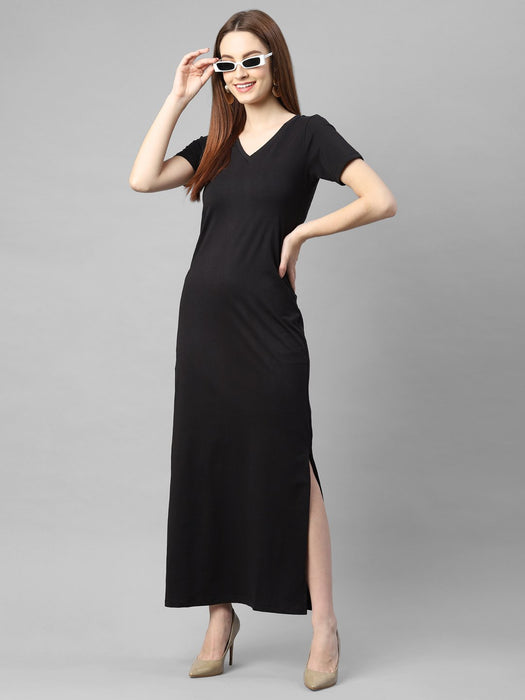 Black Half Sleeve V- Neck Maxi Dress