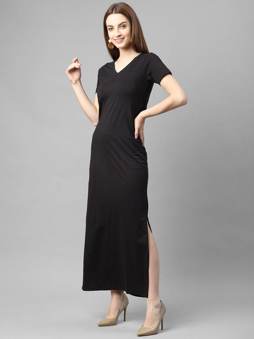 Black Half Sleeve V- Neck Maxi Dress