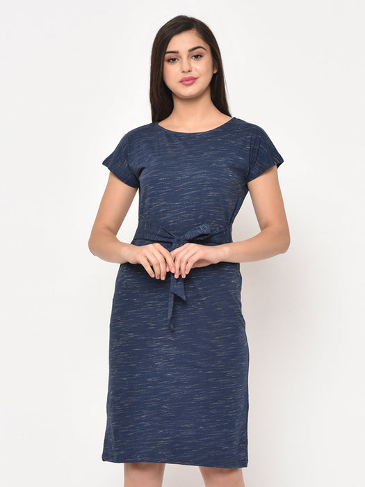 Blue Slub Scoop Neck Knee Length dress