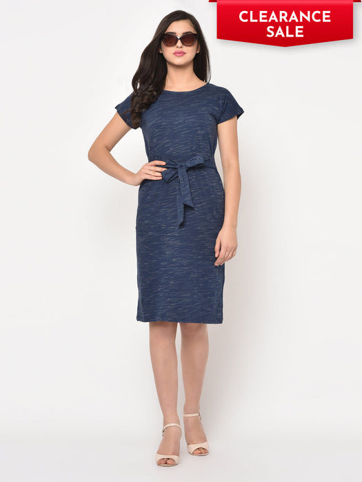 Blue Slub Scoop Neck Knee Length dress