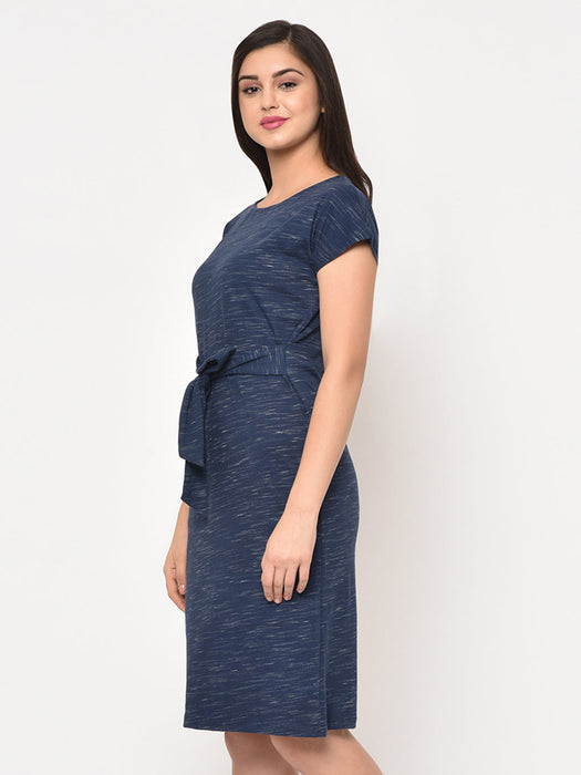 Blue Slub Scoop Neck Knee Length dress