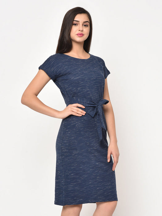 Blue Slub Scoop Neck Knee Length dress