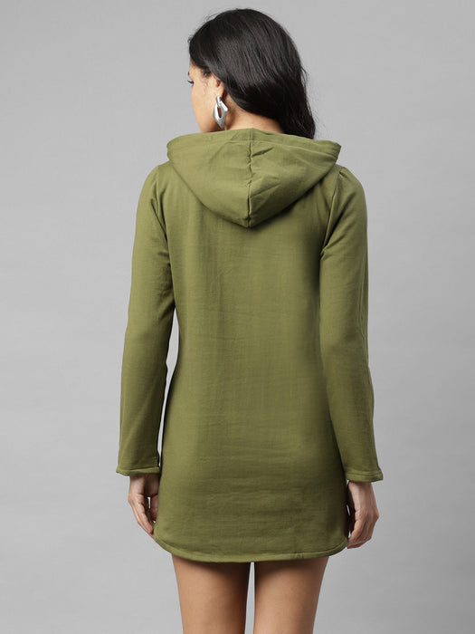 Solid Hooded Neck Fleece Sweatshirt Dress