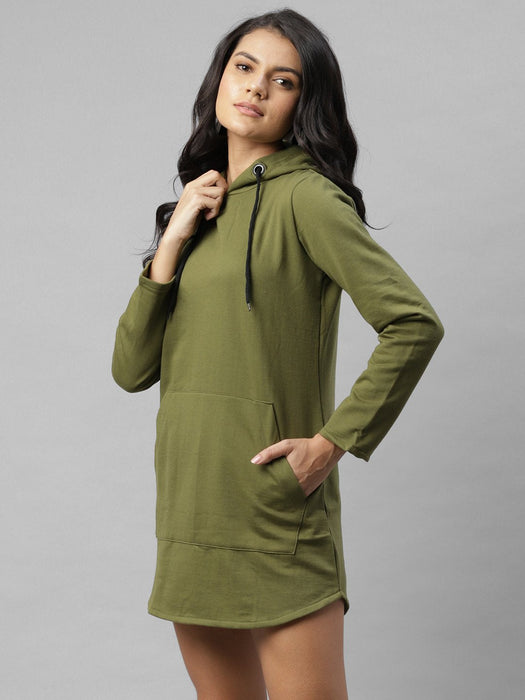 Solid Hooded Neck Fleece Sweatshirt Dress