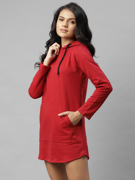 Solid Hooded Neck Fleece Sweatshirt Dress