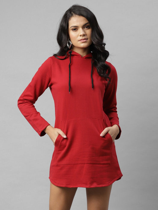 Solid Hooded Neck Fleece Sweatshirt Dress