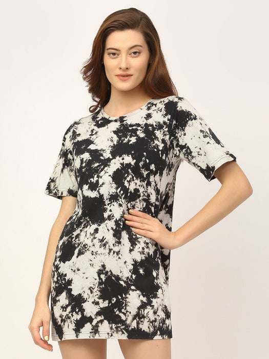 Black Tie And Dye Round Neck Cotton Half Sleeve T-Shirt Dress