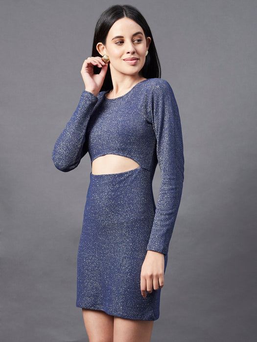 Navy Scoop Neck Shimmering Long Sleeve Bodycon Dress