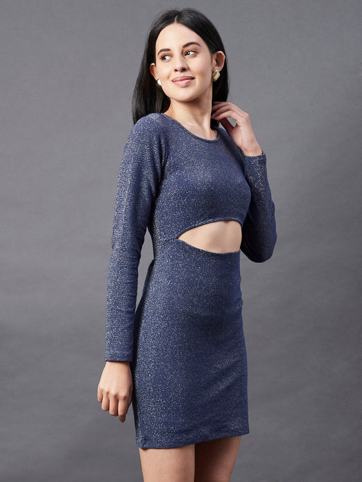 Navy Scoop Neck Shimmering Long Sleeve Bodycon Dress