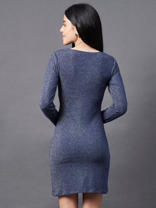 Navy Scoop Neck Shimmering Long Sleeve Bodycon Dress