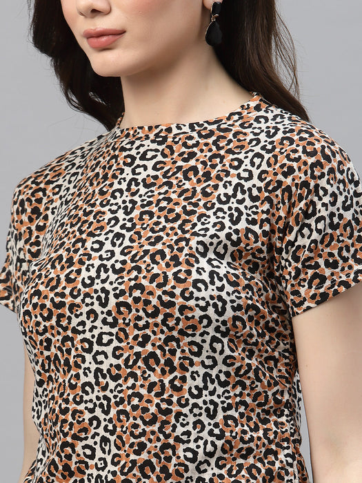 Animal Print Short Sleeve Drawstring Bodycon Dress