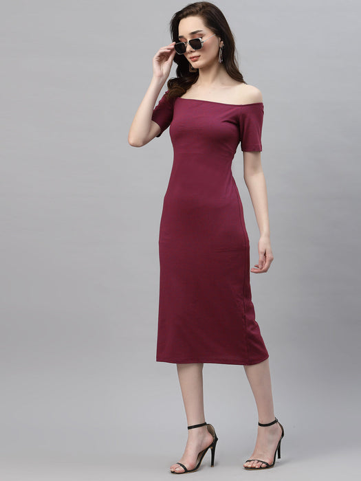 Magenta Self Texture Off Shoulder Bodycon Dress