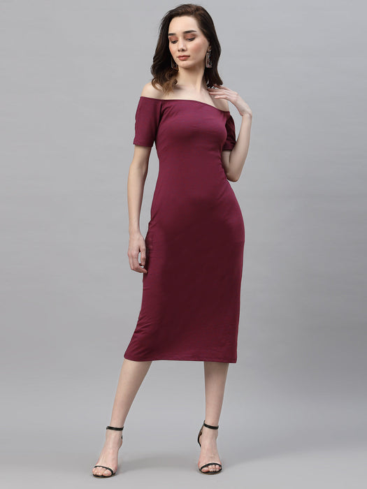 Magenta Self Texture Off Shoulder Bodycon Dress