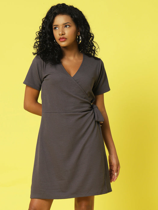 Self Textured Poly Corduroy Half Sleeves Wrap Dress With Belt