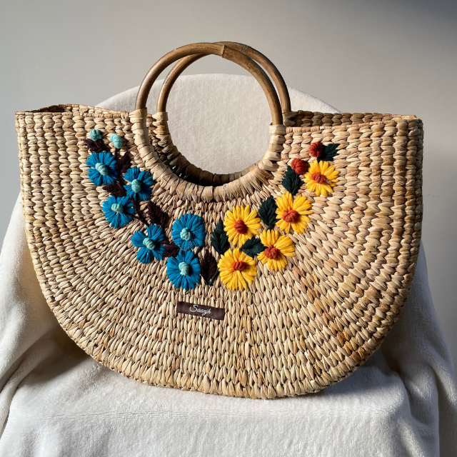 Blue & Yellow Water Reed Handwoven Embroidered Handbag