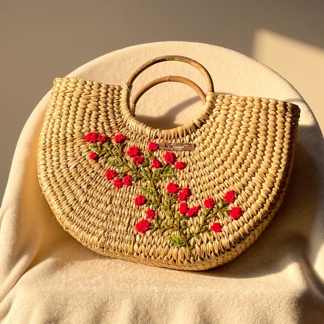 Red Stemmed Water Reed Handwoven Embroidered Handbag