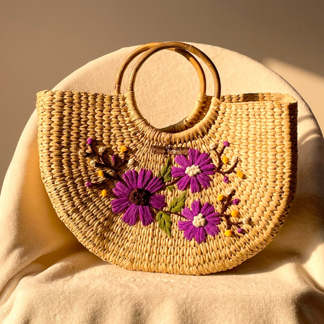 Three Purple Flower Water Reed Handwoven Embroidered Handbag