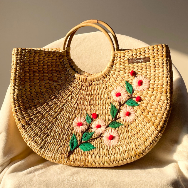 Curly Water Reed Handwoven Embroidered Handbag